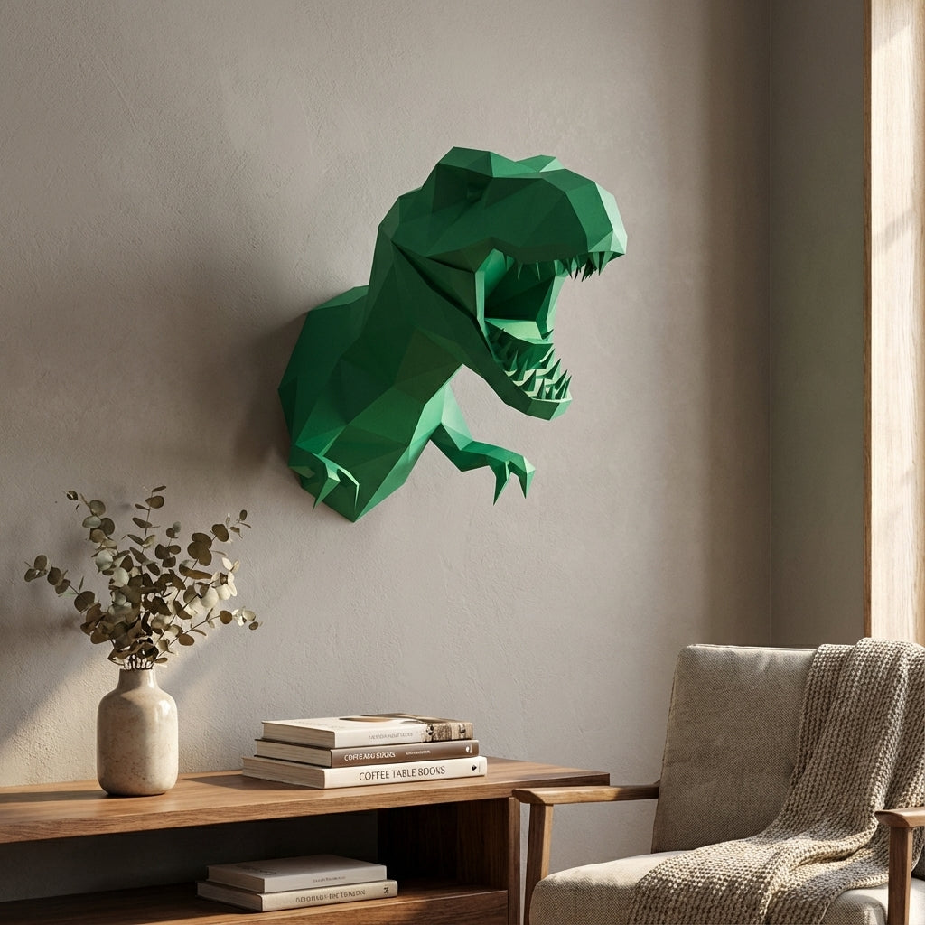3D Papercraft Green T-Rex Wall Trophy 50cm DIY Low Poly Dinosaur Head Model – Geometric Paper Sculpture Wall Decor for Living Room - Mi tienda