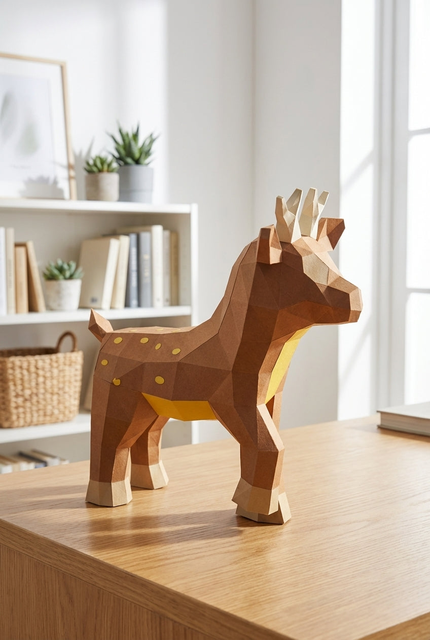 Ciervo pequeño 3D, figura de papel poligonal para ensamblar 42x32x11 – Manualidad DIY, ciervo de cartón escultórico para decoración de pared moderna