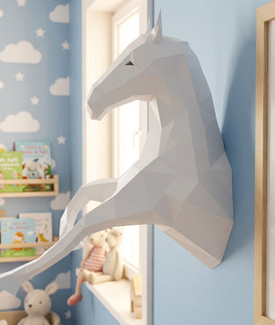Cabeza de caballo para colgar en la pared papercraft 3D, escultura de papel poligonal DIY, 51x16x35 cm, 59 piezas – Decoración de pared geométrica, kit de montaje, trofeo de caballo decorativo para dormitorio juvenil