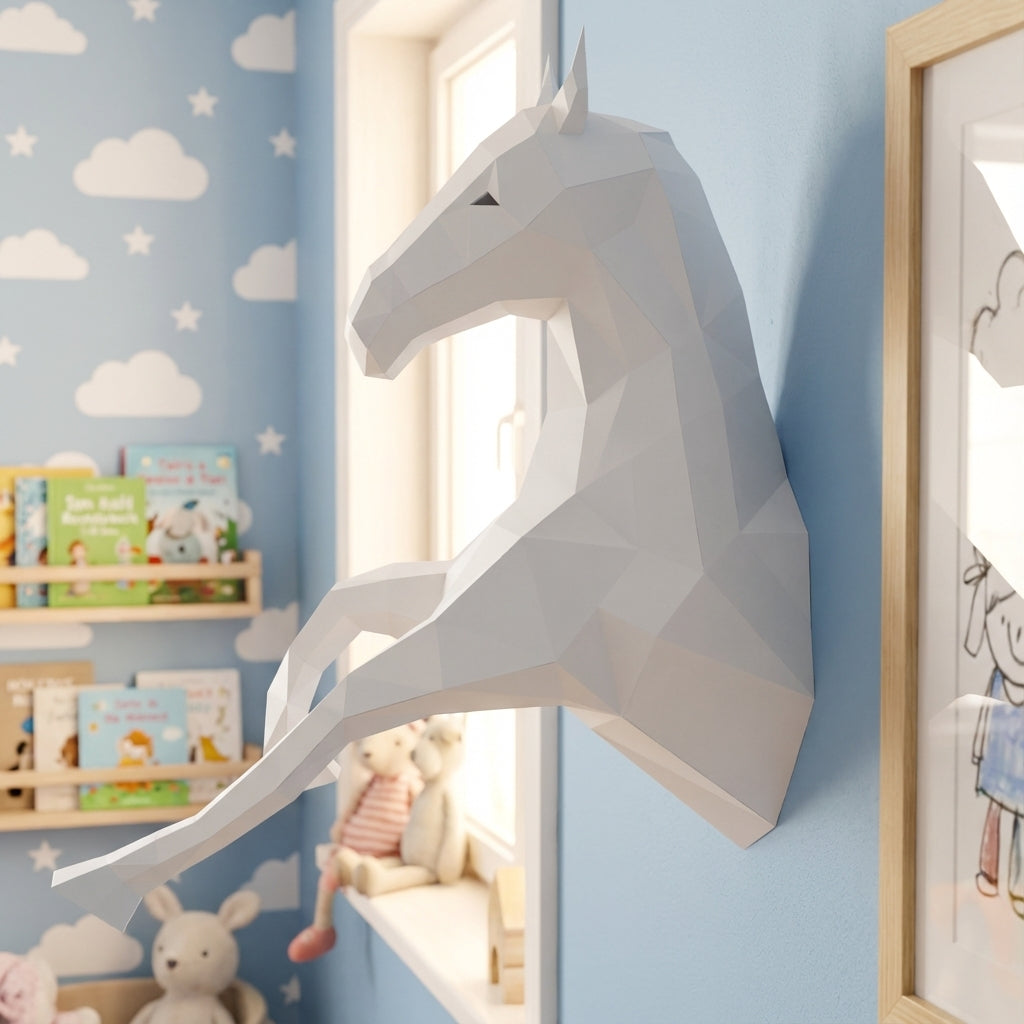 Cabeza de caballo para colgar en la pared papercraft 3D, escultura de papel poligonal DIY, 51x16x35 cm, 59 piezas – Decoración de pared geométrica, kit de montaje, trofeo de caballo decorativo para dormitorio juvenil