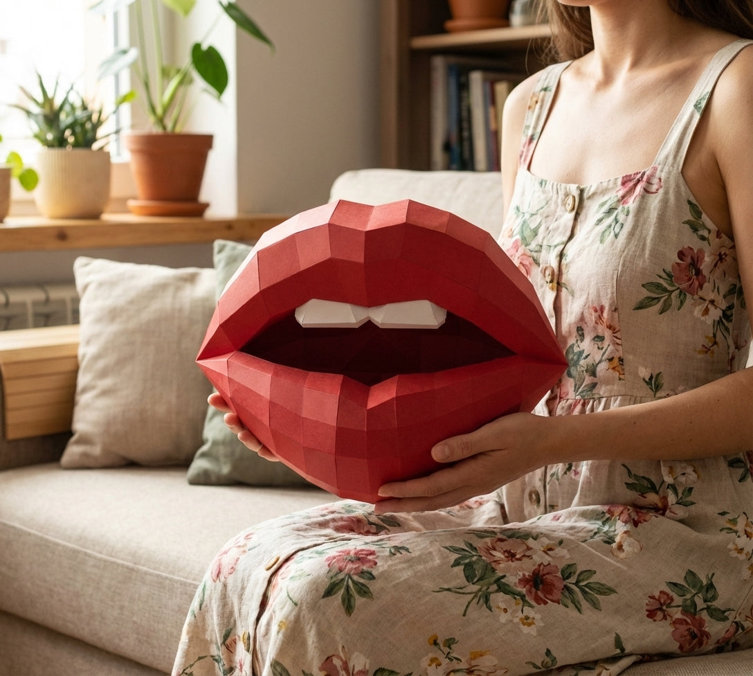 3D lips with teeth papercraft, polygonal paper figure for assembly, 35x26x20 cm, 49 parts – DIY geometric sculpture, unique wall art for creative workspace