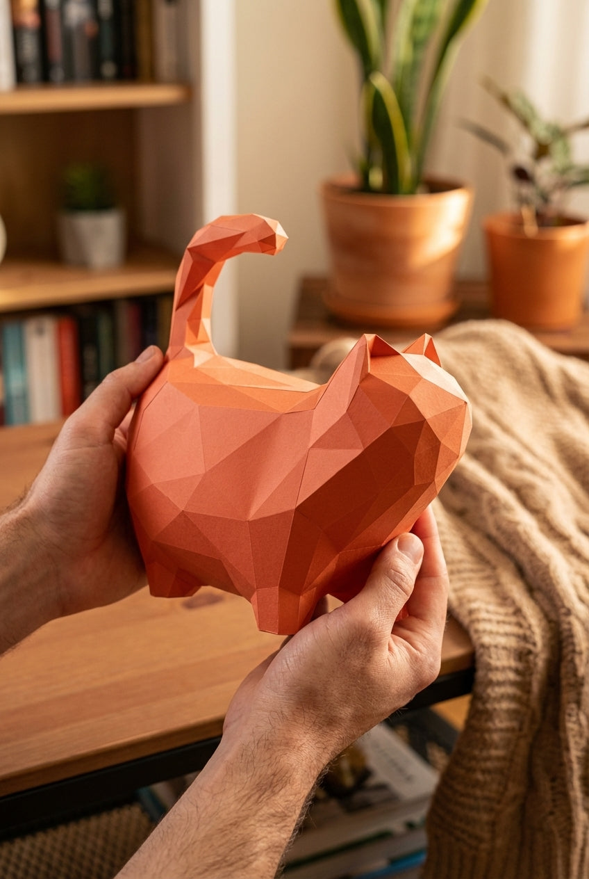 Cat polygonal paper figure for assembly 30 x 33 x 16 – papercraft DIY craft, sculptural cardboard cat for modern home decoration - Mi tienda