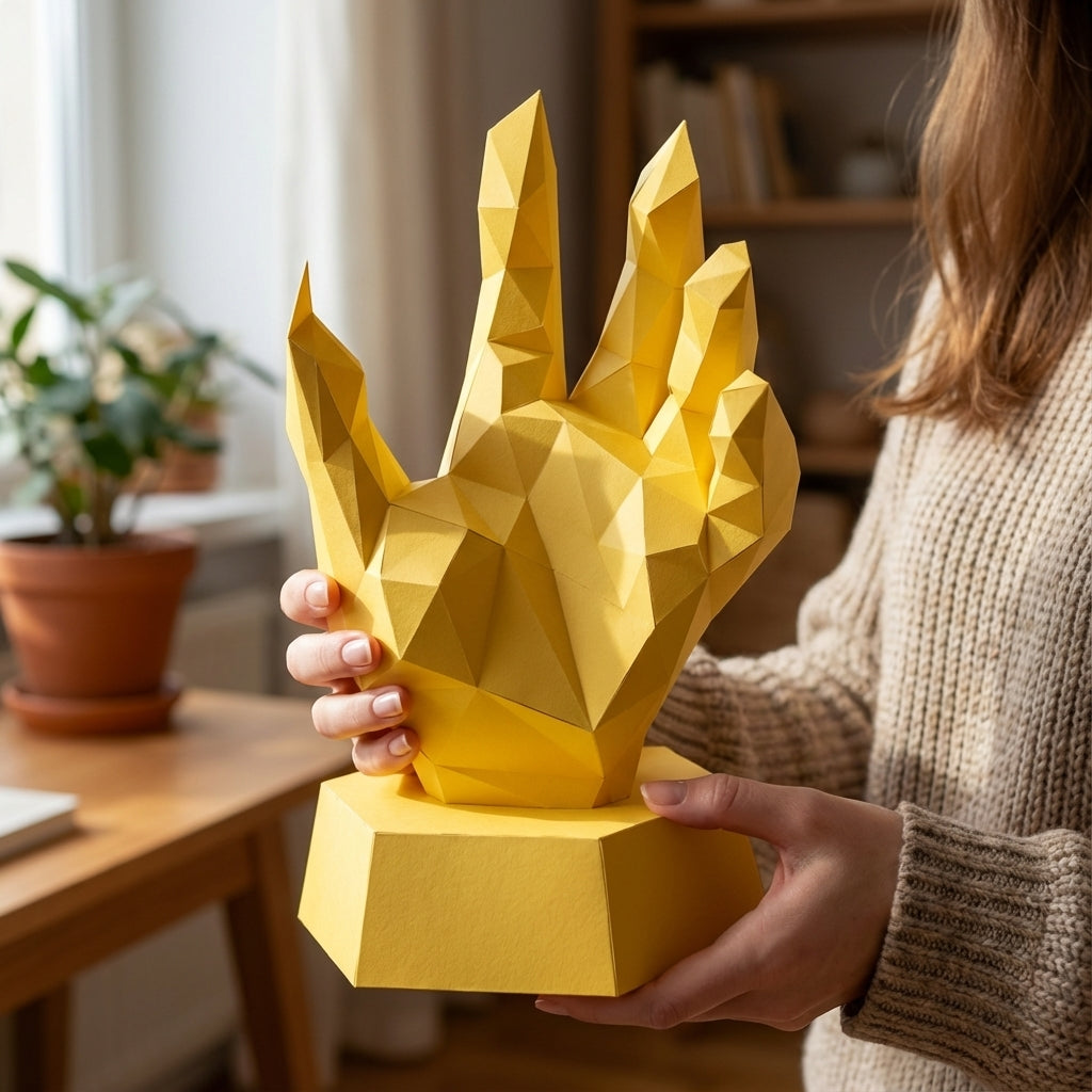 Papercraft hand on stand 3D polygonal paper figure for assembly 40x26x20, 59 parts – DIY craft jewelry holder, sculptural cardboard hand for modern decor - Mi tienda