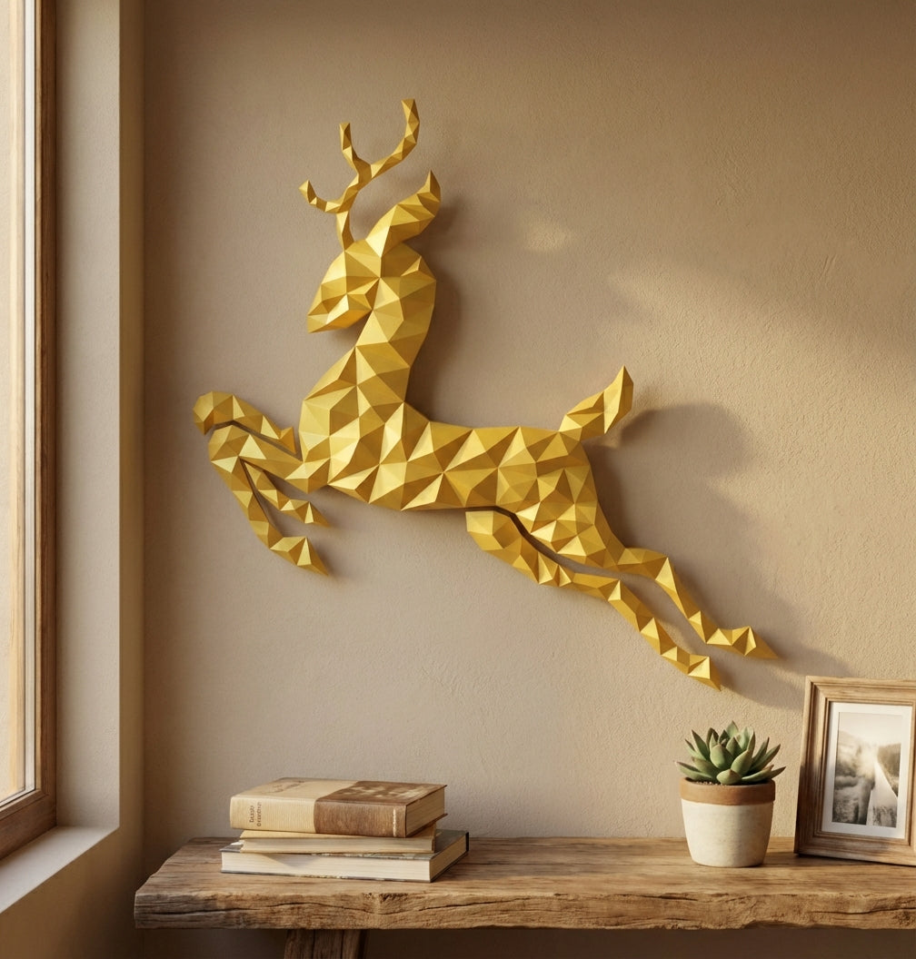 Modern flat deer wall papercraft, 56x57x2 cm geometric 3D polygonal silhouette, DIY creative kit for striking living room or hallway wall art, bold red home decor - Mi tienda