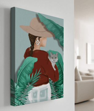 Modern botanical woman portrait – minimalistic female wall art with nature and cat - Mi tienda