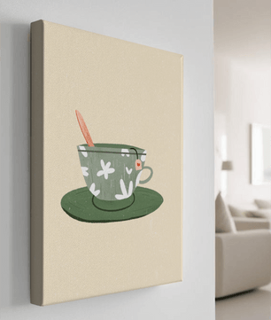 Illustration of a Green Floral Tea Cup with a Tea Bag and Spoon - Mi tienda