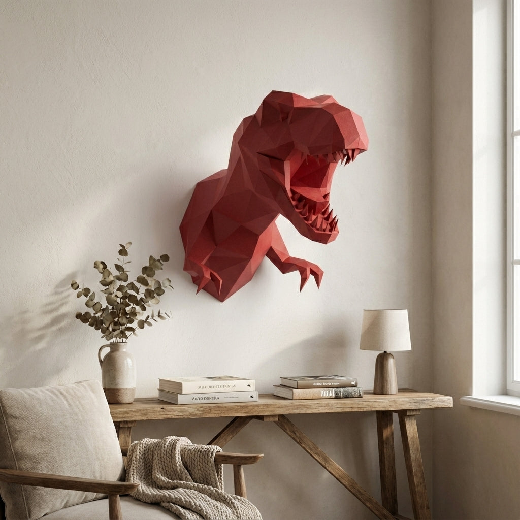 3D Papercraft Green T-Rex Wall Trophy 50cm DIY Low Poly Dinosaur Head Model – Geometric Paper Sculpture Wall Decor for Living Room - Mi tienda