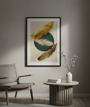 Artistic Composition of Intricate Feathers with Golden Elements and Geometric Contrast - Mi tienda