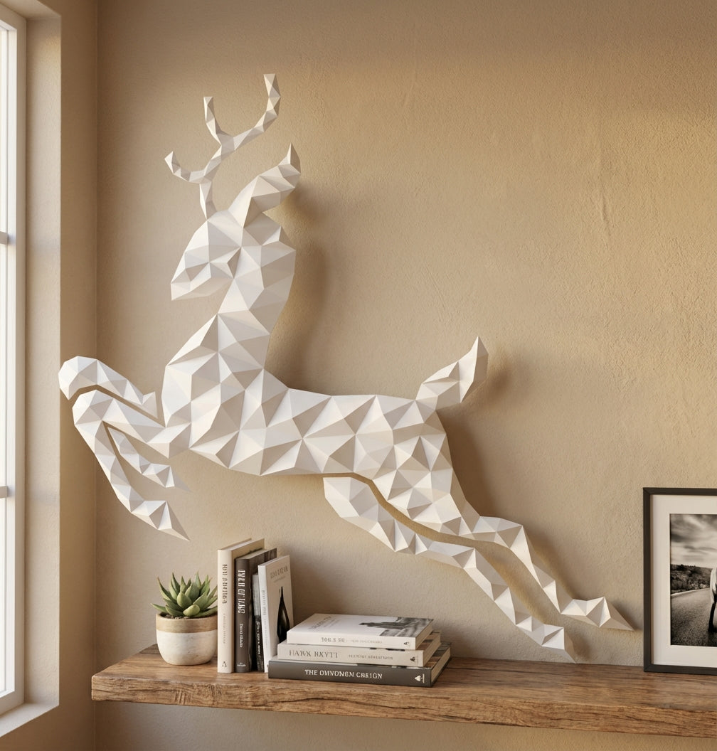 Modern flat deer wall papercraft, 56x57x2 cm geometric 3D polygonal silhouette, DIY creative kit for striking living room or hallway wall art, bold red home decor - Mi tienda
