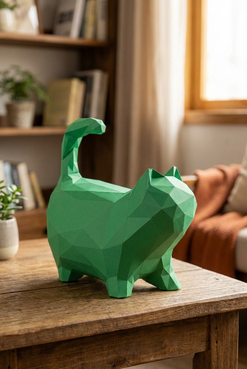 Cat polygonal paper figure for assembly 30 x 33 x 16 – papercraft DIY craft, sculptural cardboard cat for modern home decoration - Mi tienda