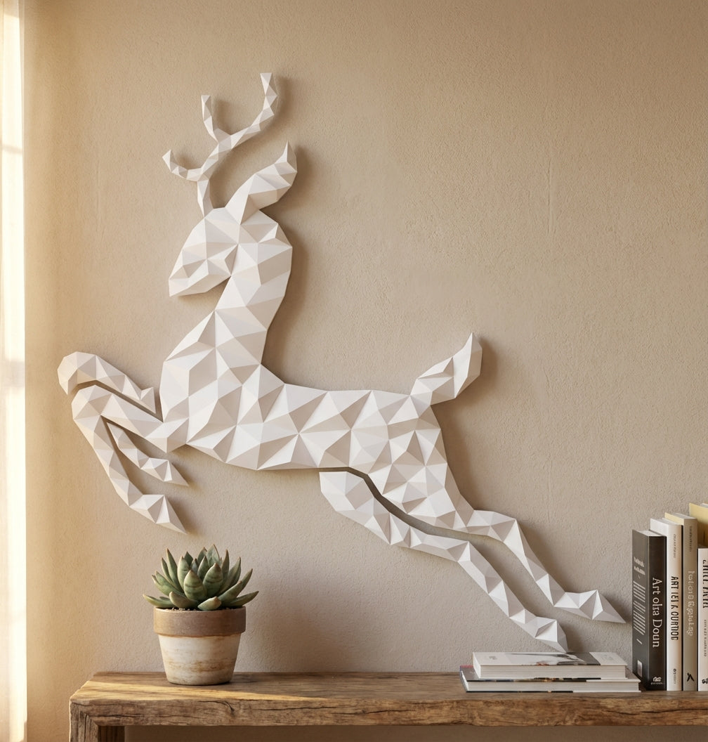 Modern flat deer wall papercraft, 56x57x2 cm geometric 3D polygonal silhouette, DIY creative kit for striking living room or hallway wall art, bold red home decor - Mi tienda