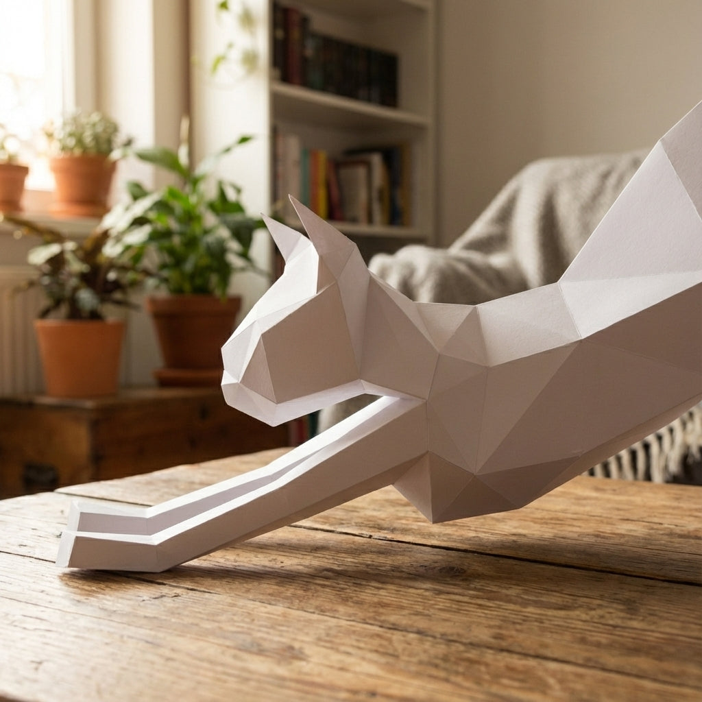 Discover our stretching cat 3D papercraft kit — a creative paper project for mindful breaks and modern home accents. This hand-assembled polygonal feline adds a quirky touch to your office - Mi tienda