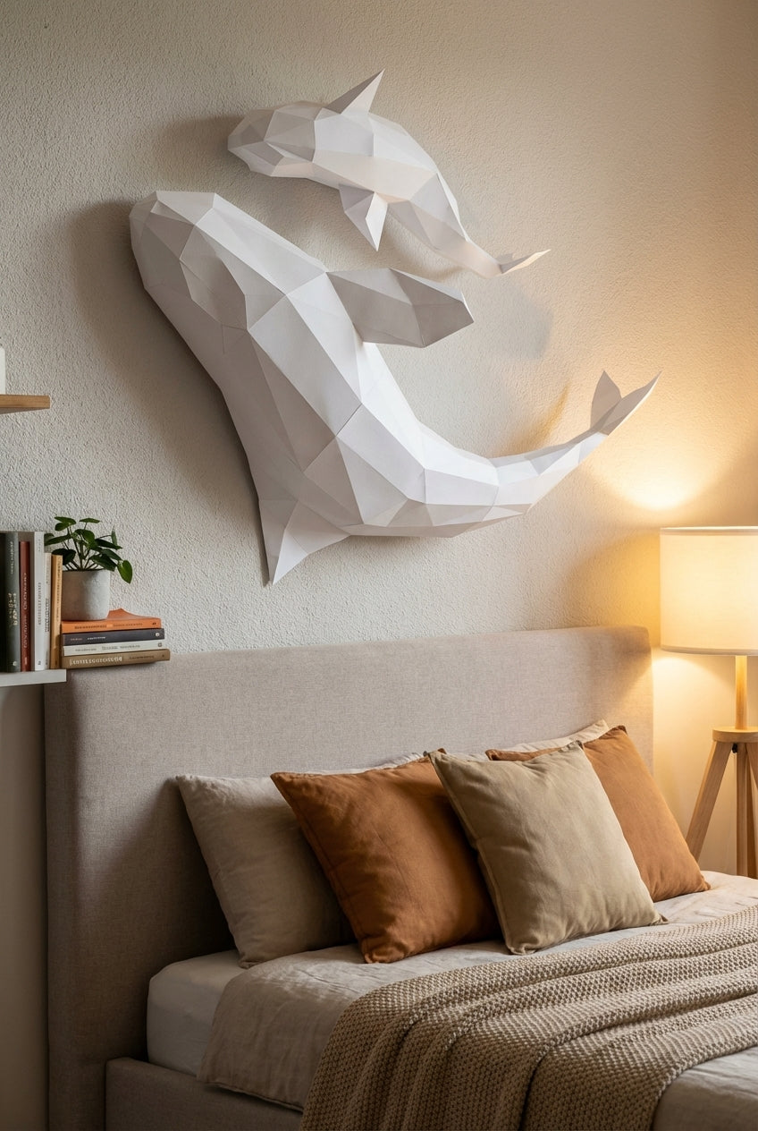 Figura de orcas de papel poligonal 3D para ensamblar 60 x 50 x 20 – kit de manualidades de papercraft decorativo, escultura geométrica moderna para pared sobre la cama