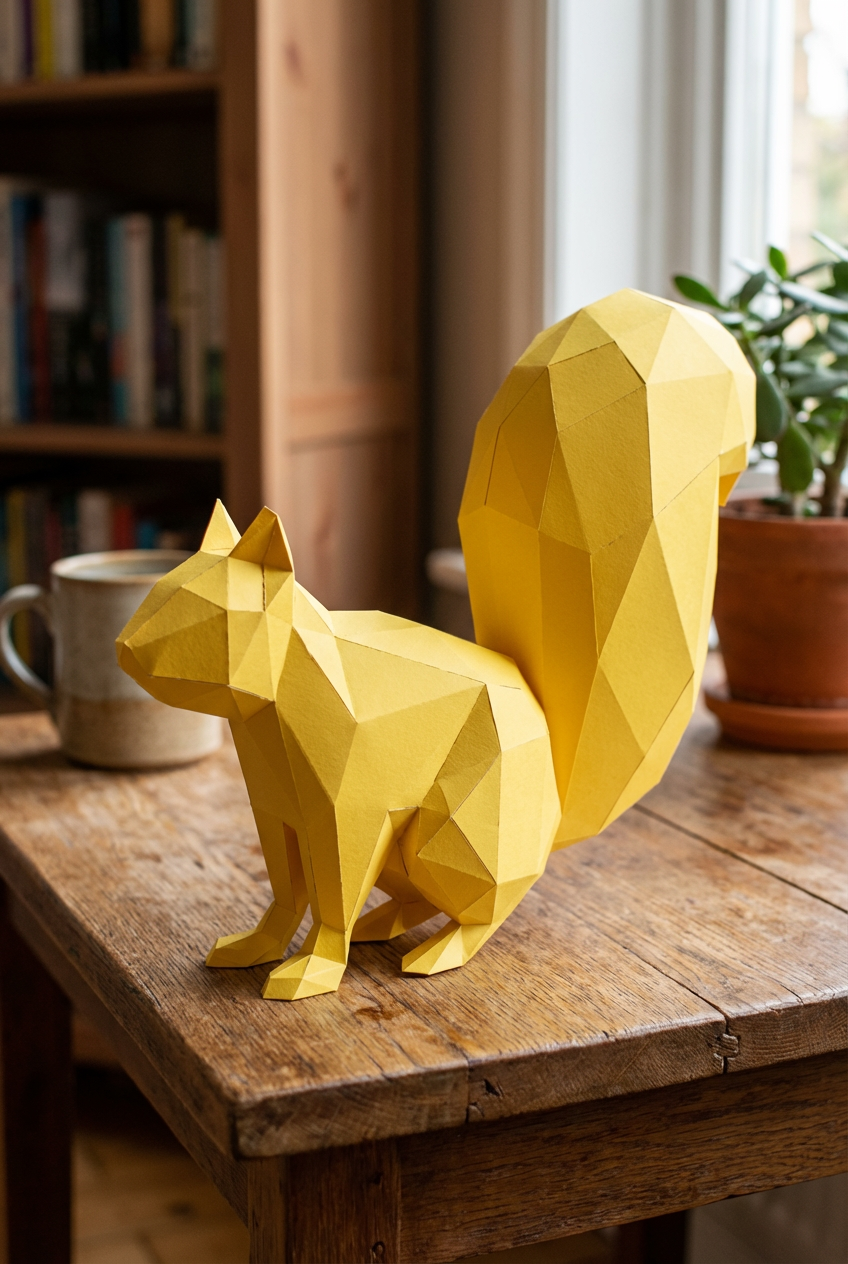 Ardilla Poligonal 3D de Papel para Montar 27x32x10– Kit Decorativo PaperCraft DIY, Escultura Moderna de Cartón, Decoración Geométrica para el Hogar