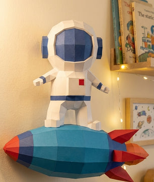 3D small astronaut on rocket papercraft polygonal paper figure 42x32x11 – DIY craft, modern geometric sculpture for wall décor