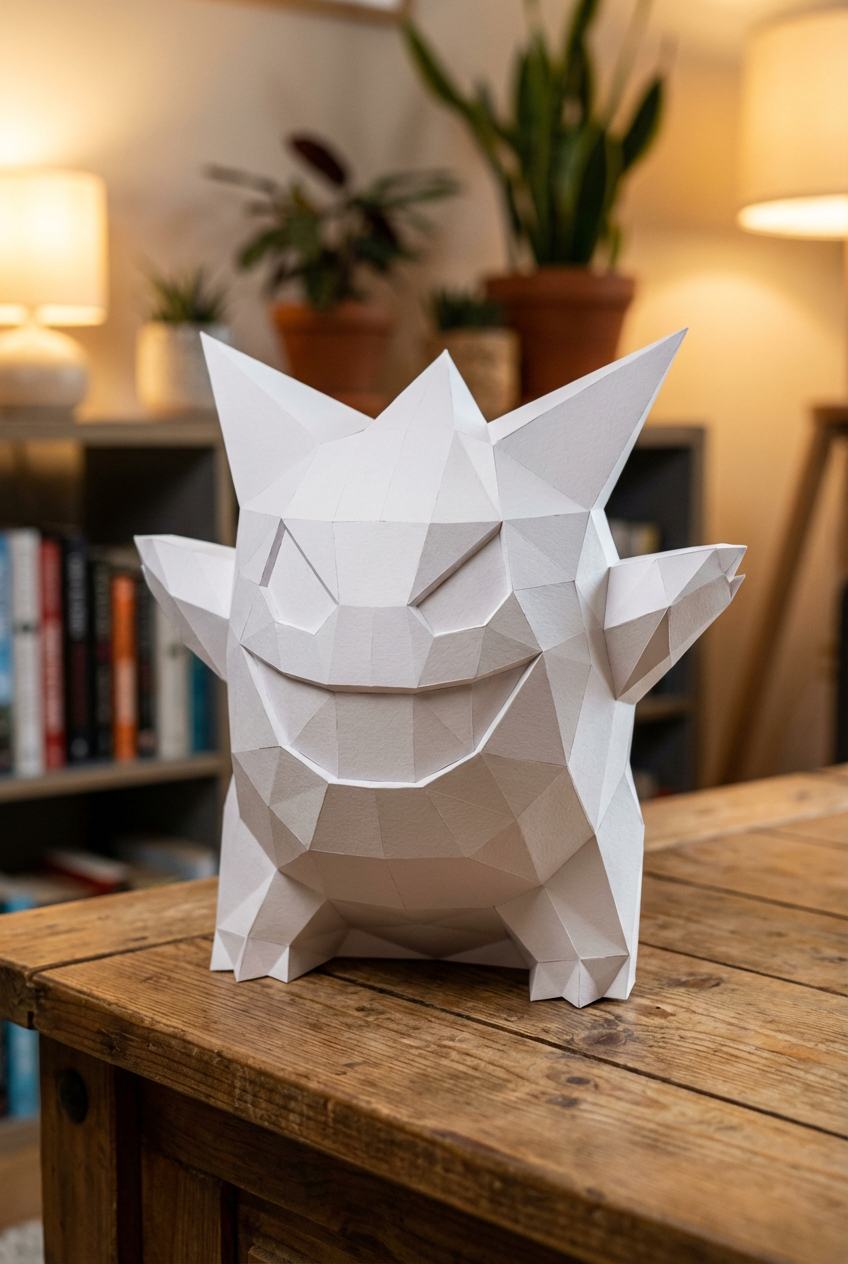 3D polygonal paper Gengar figure for assembly 27 x 33 x 32 – decorative papercraft DIY kit, modern geometric sculpture - Mi tienda