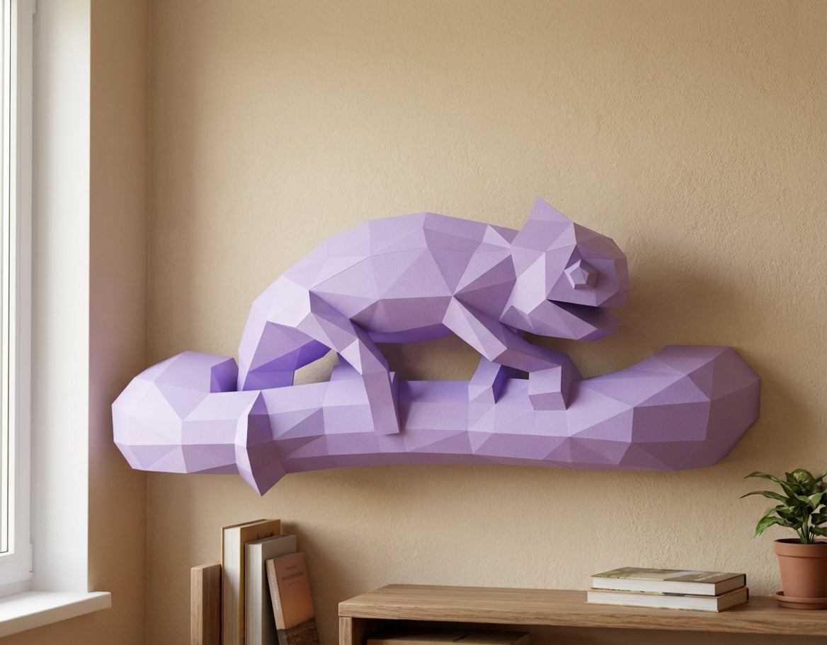 Geometric chameleon papercraft wall sculpture on branch, 3d polygonal lizard, 41x12x19 cm, creative diy kit for unique modern home or office decor - Mi tienda