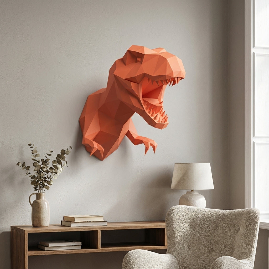 3D Papercraft Green T-Rex Wall Trophy 50cm DIY Low Poly Dinosaur Head Model – Geometric Paper Sculpture Wall Decor for Living Room - Mi tienda