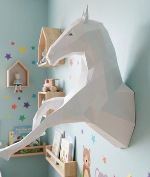 Cabeza de caballo para colgar en la pared papercraft 3D, escultura de papel poligonal DIY, 51x16x35 cm, 59 piezas – Decoración de pared geométrica, kit de montaje, trofeo de caballo decorativo para dormitorio juvenil