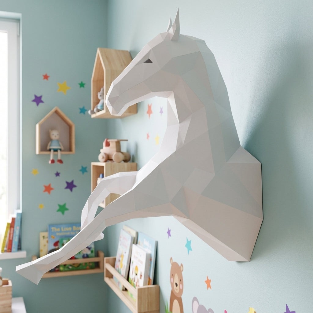 Cabeza de caballo para colgar en la pared papercraft 3D, escultura de papel poligonal DIY, 51x16x35 cm, 59 piezas – Decoración de pared geométrica, kit de montaje, trofeo de caballo decorativo para dormitorio juvenil