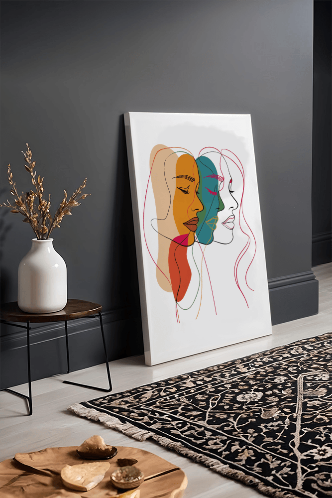 Abstract female faces wall art | Colorful minimalist line drawing | Modern poster or canvas - Mi tienda
