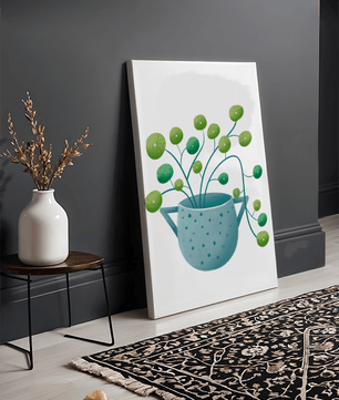 Ilustración minimalista de una planta pilea verde en una maceta de cerámica azul