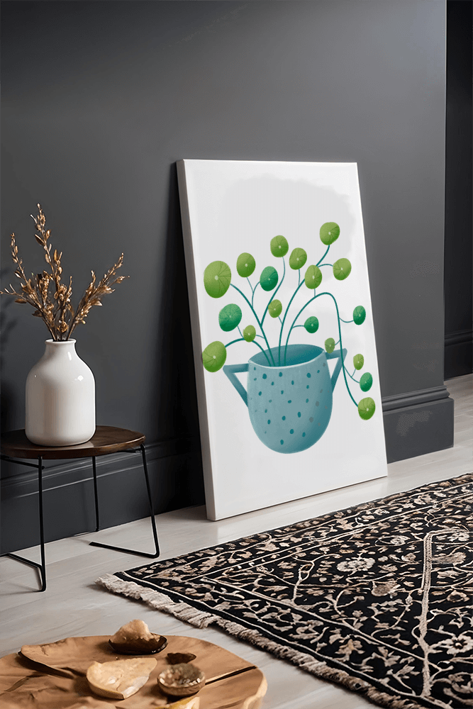 Ilustración minimalista de una planta pilea verde en una maceta de cerámica azul