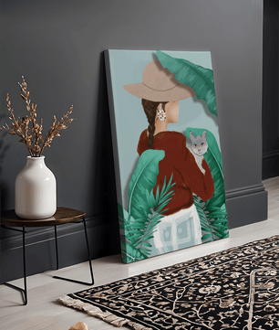 Modern botanical woman portrait – minimalistic female wall art with nature and cat - Mi tienda