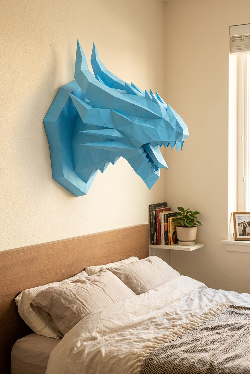 3D polygonal paper dragon head figure for assembly 40 x 29 x 25 – decorative papercraft DIY kit, modern geometric sculpture for wall above the bed - Mi tienda