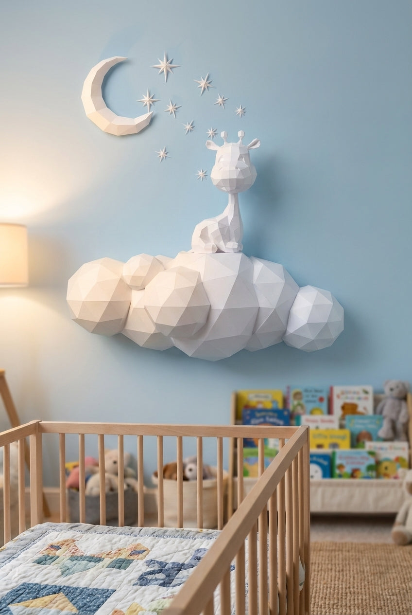 Cute wall giraffe 3D papercraft polygonal paper figure for assembly 50x45x16, 272 parts – DIY craft, sculptural cardboard giraffe for kids room wall decor