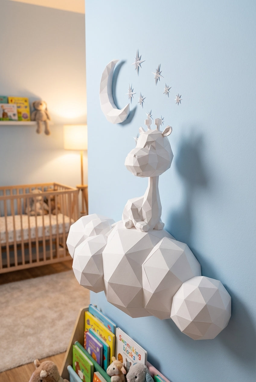 Cute wall giraffe 3D papercraft polygonal paper figure for assembly 50x45x16, 272 parts – DIY craft, sculptural cardboard giraffe for kids room wall decor