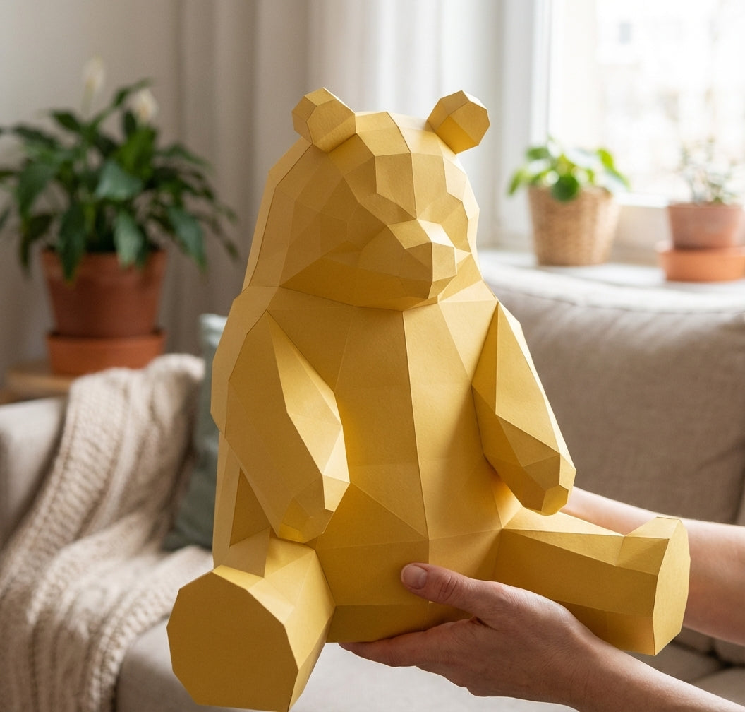 Polygonal panda papercraft, 3d geometric sculpture, 61-piece diy paper kit, 32x35x35 cm, modern handmade decor for home or office - Mi tienda