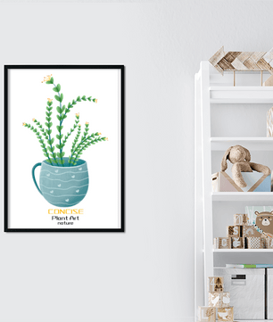 Ilustración de una planta verde en una taza decorativa azul