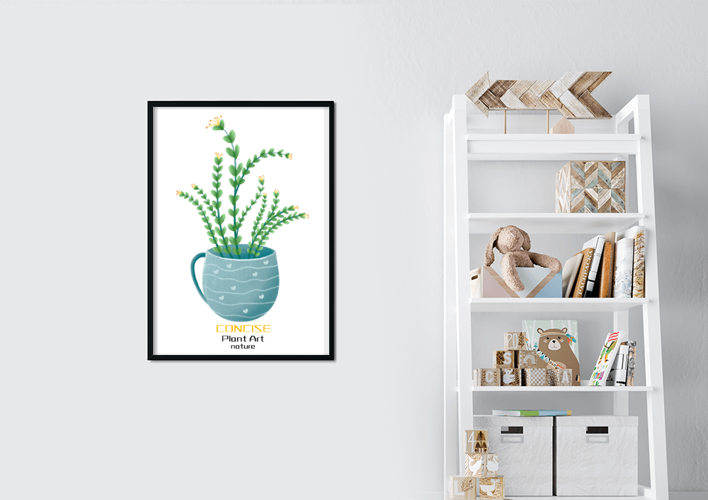 Ilustración de una planta verde en una taza decorativa azul