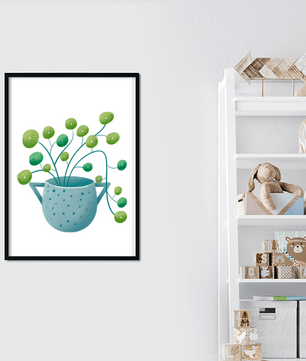 Ilustración minimalista de una planta pilea verde en una maceta de cerámica azul