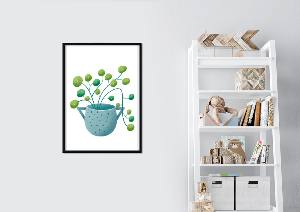 Ilustración minimalista de una planta pilea verde en una maceta de cerámica azul