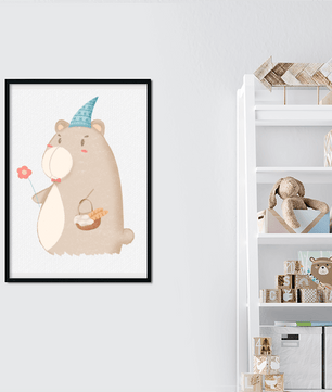 Cute bear illustration with flower and basket | nursery wall art | whimsical animal decor - Mi tienda