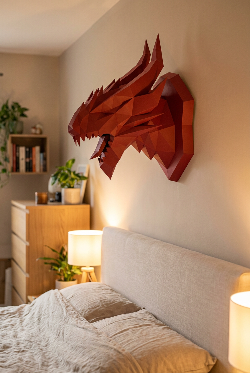 3D polygonal paper dragon head figure for assembly 40 x 29 x 25 – decorative papercraft DIY kit, modern geometric sculpture for wall above the bed - Mi tienda