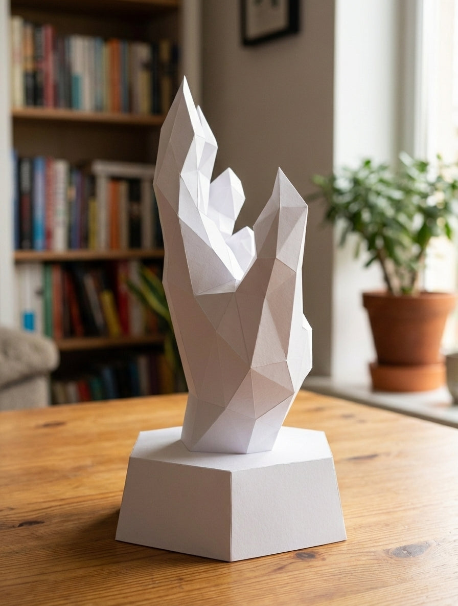 Papercraft hand on stand 3D polygonal paper figure for assembly 40x26x20, 59 parts – DIY craft jewelry holder, sculptural cardboard hand for modern decor - Mi tienda