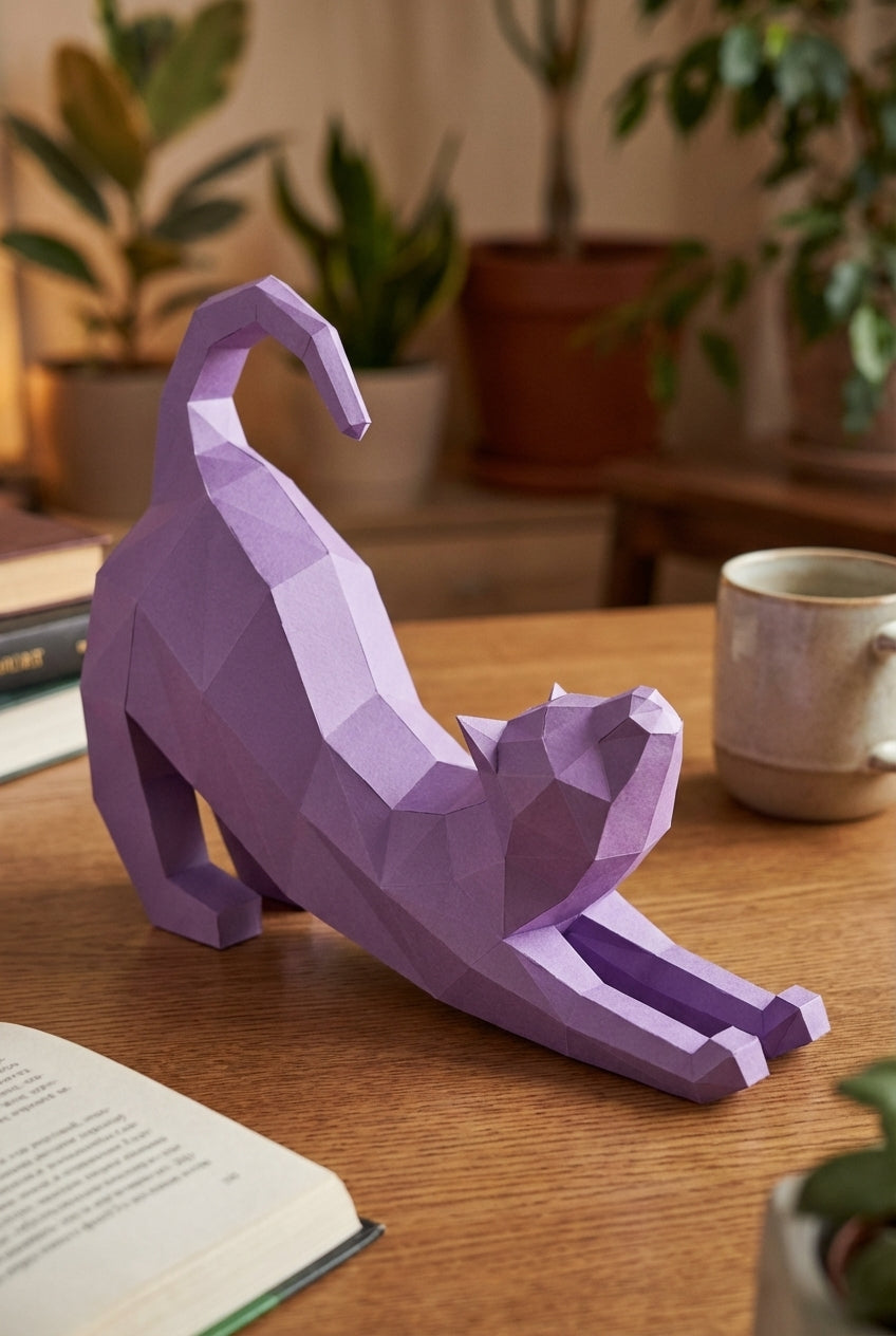 Figura Poligonal 3D de Gato en Papel para Montar 40x32x12 – Kit Decorativo PaperCraft DIY, Escultura Geométrica Moderna para Mesa o Estantería