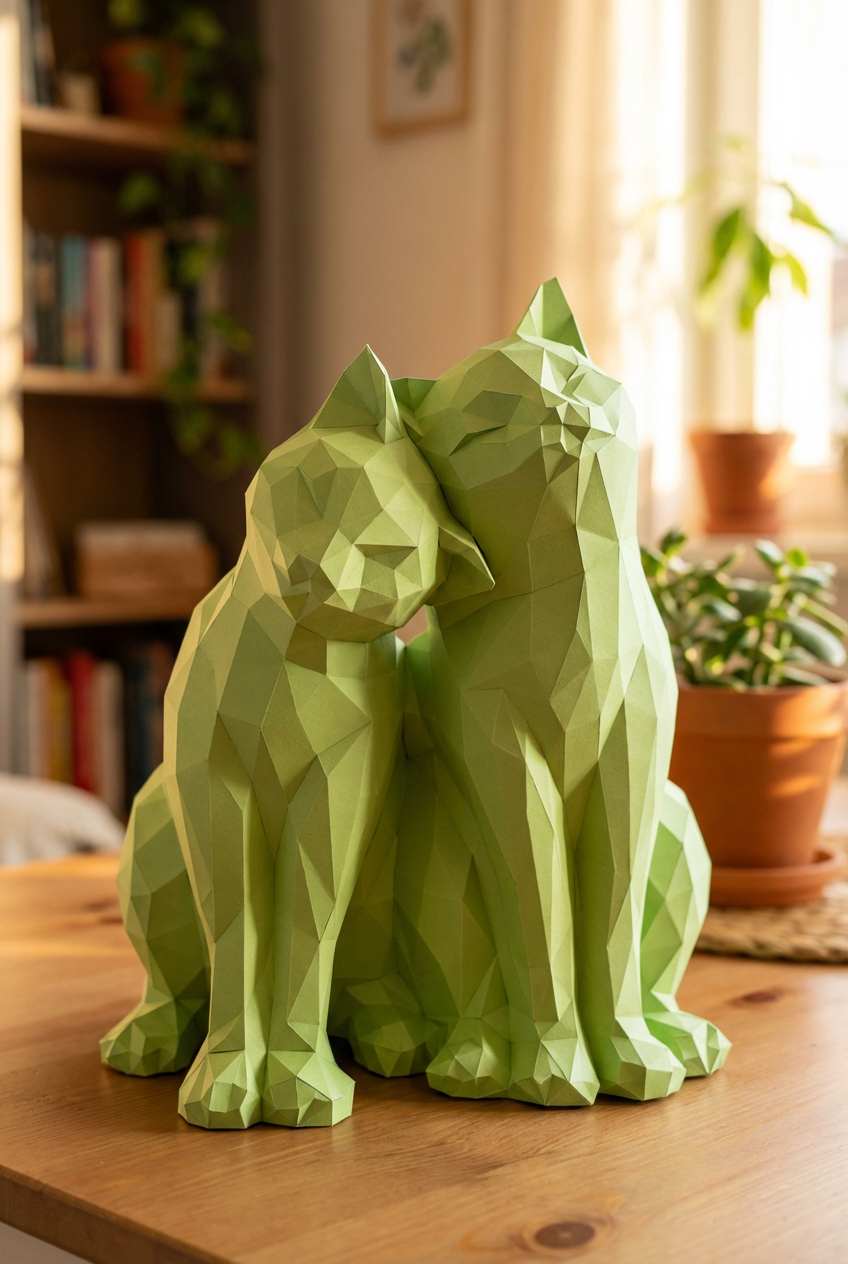 Figura constructor gatos poligonales de papel, manualidad 3D para montar 35x29x26 — PaperCraft DIY, figura de cartón para decoración del hogar