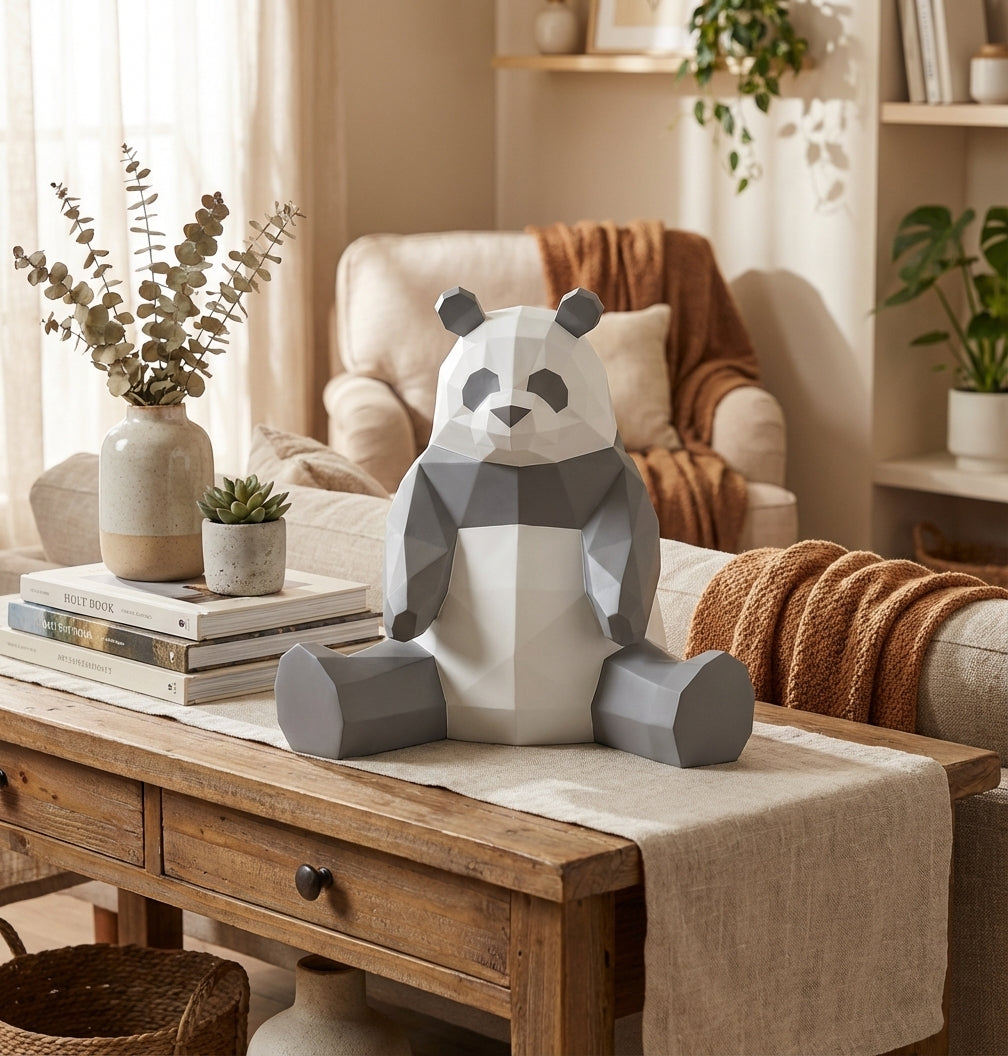Polygonal panda papercraft, 3d geometric sculpture, 61-piece diy paper kit, 32x35x35 cm, modern handmade decor for home or office - Mi tienda