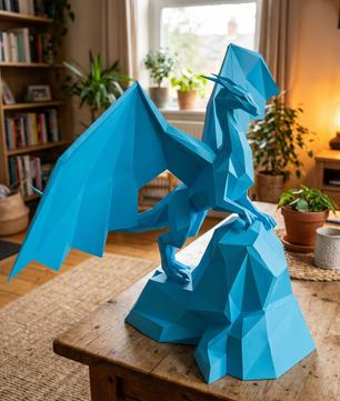 3D polygonal paper dragon figure to assemble on a rock 43x60x36 – DIY papercraft decorative kit, modern geometric sculpture for table or shelf - Mi tienda