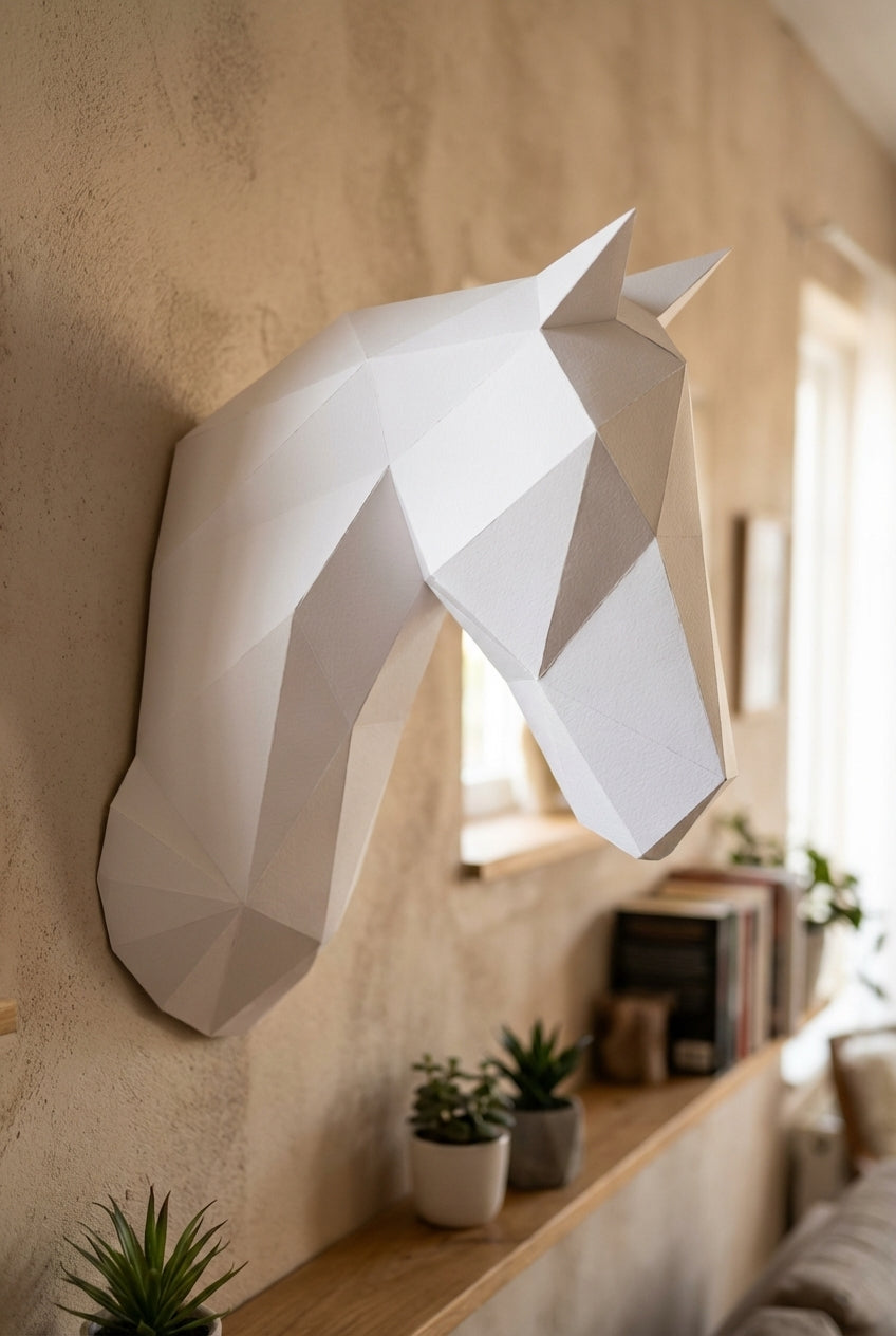 Horse head polygonal paper figure for assembly 25 x 35 x 19 – papercraft DIY craft, modern cardboard wall decoration, geometric style - Mi tienda
