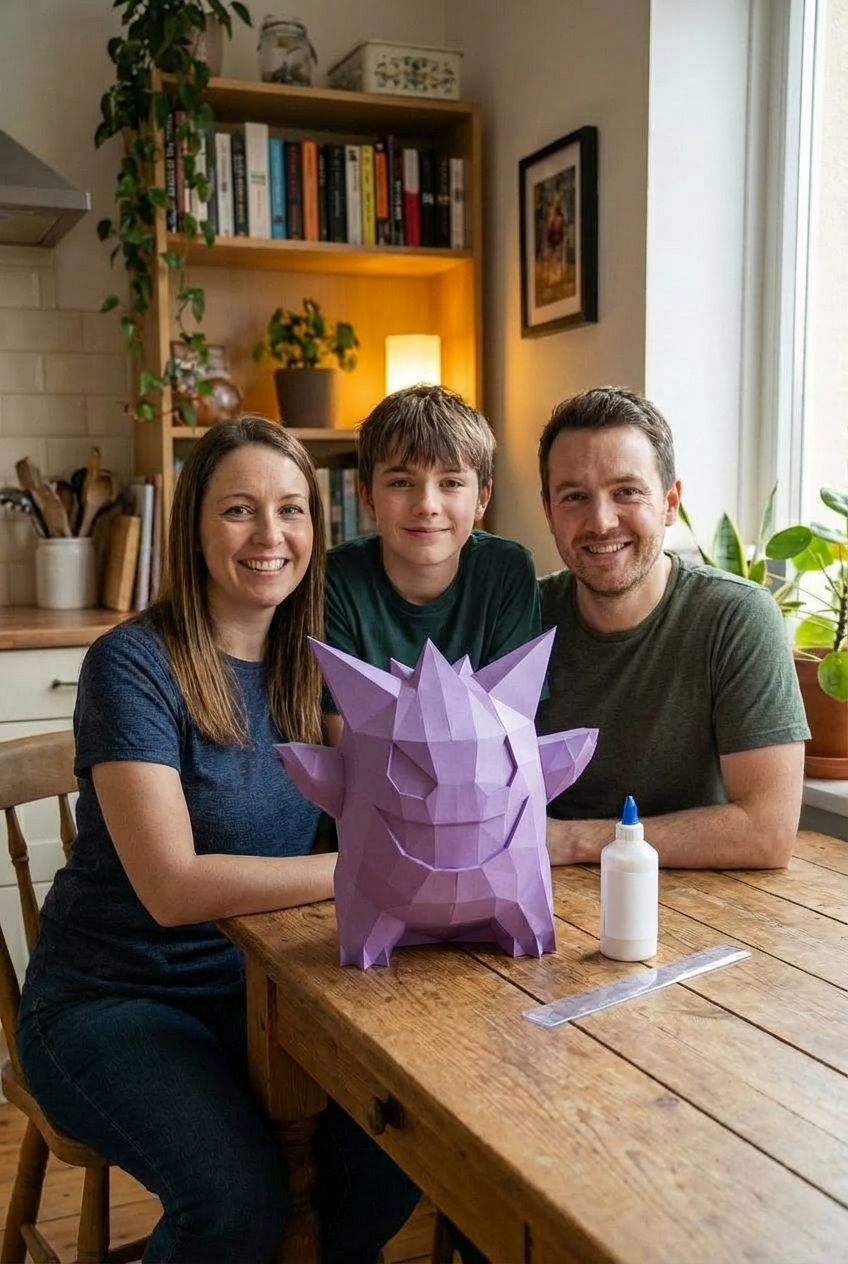 3D polygonal paper Gengar figure for assembly 27 x 33 x 32 – decorative papercraft DIY kit, modern geometric sculpture - Mi tienda
