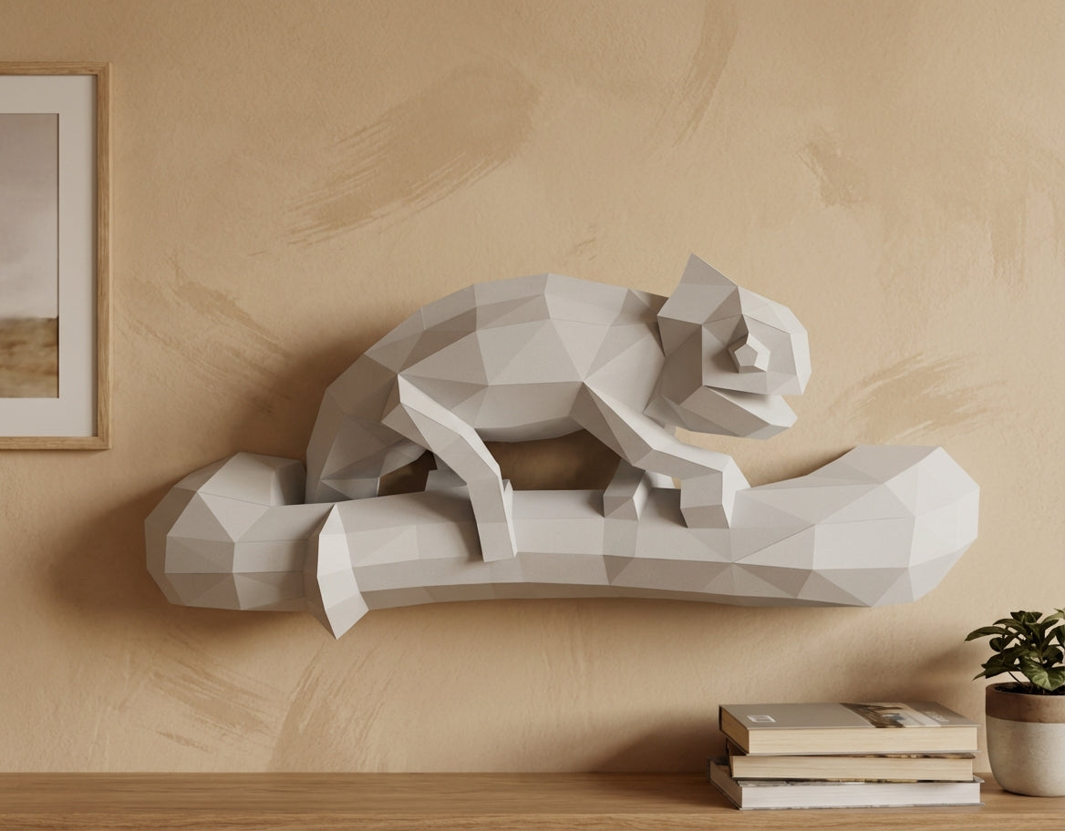 Geometric chameleon papercraft wall sculpture on branch, 3d polygonal lizard, 41x12x19 cm, creative diy kit for unique modern home or office decor - Mi tienda