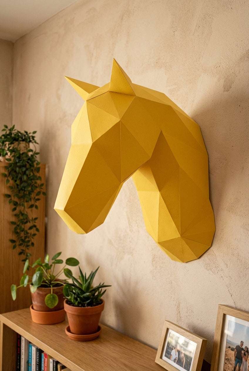 Horse head polygonal paper figure for assembly 25 x 35 x 19 – papercraft DIY craft, modern cardboard wall decoration, geometric style - Mi tienda