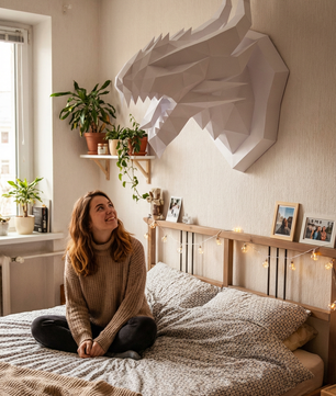 3D polygonal paper dragon head figure for assembly 40 x 29 x 25 – decorative papercraft DIY kit, modern geometric sculpture for wall above the bed - Mi tienda