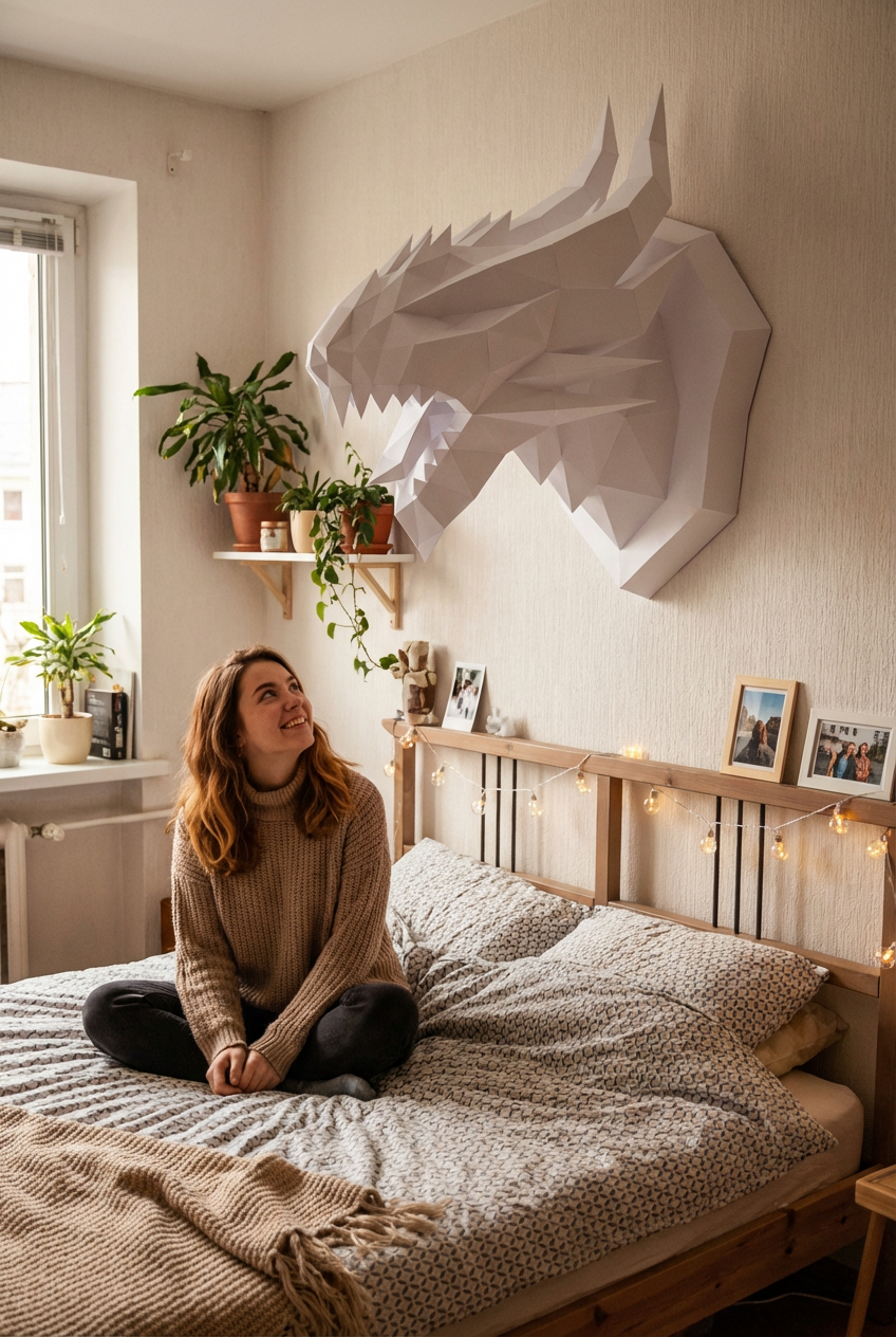 3D polygonal paper dragon head figure for assembly 40 x 29 x 25 – decorative papercraft DIY kit, modern geometric sculpture for wall above the bed - Mi tienda