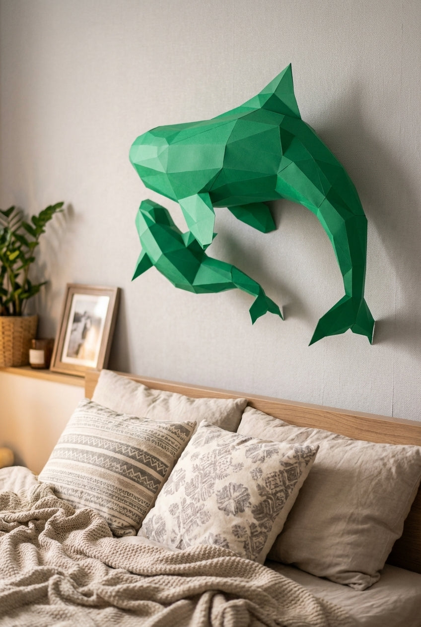 Figura de orcas de papel poligonal 3D para ensamblar 60 x 50 x 20 – kit de manualidades de papercraft decorativo, escultura geométrica moderna para pared sobre la cama